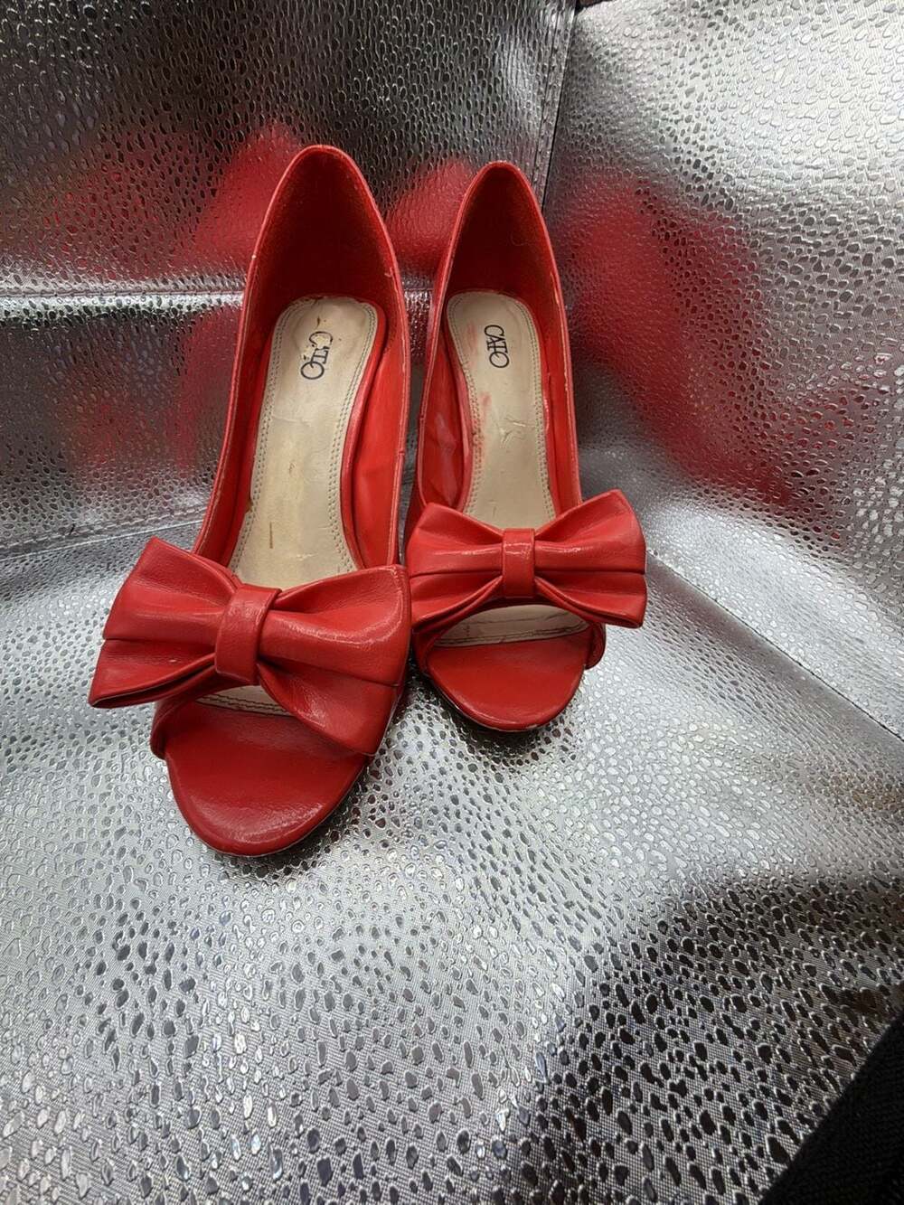Cato Red High Heels Peep Toe Pumps with Bow Detail Size 7M